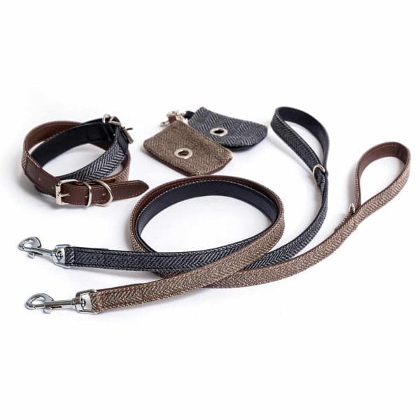 tweed leather puppy or dog collar, lead and poo bag