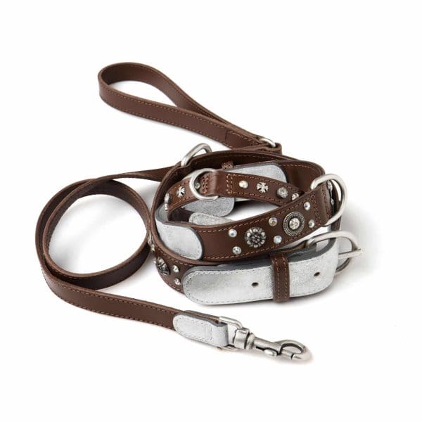 brown Embellished black leather dog or puppy leads