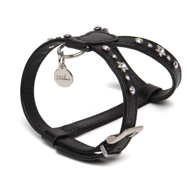 black calf leather dog puppy harness with swarovski crystals