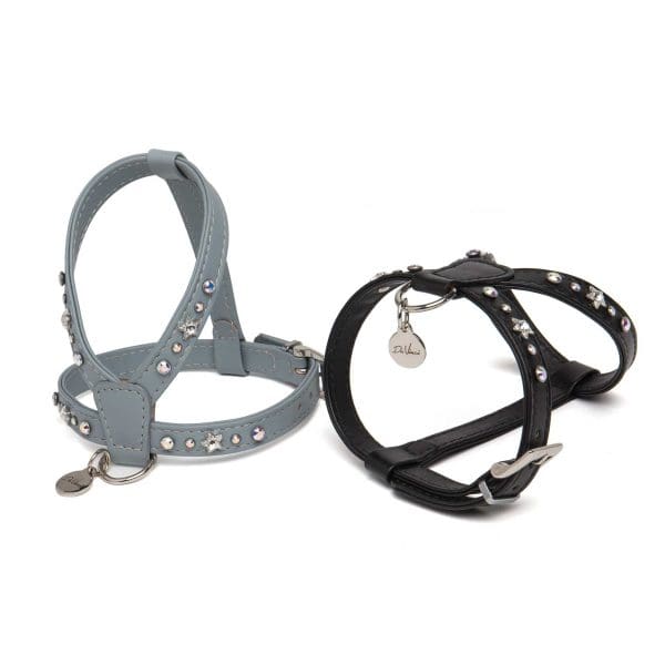 blue and black calf leather dog puppy harness with swarovski crystals