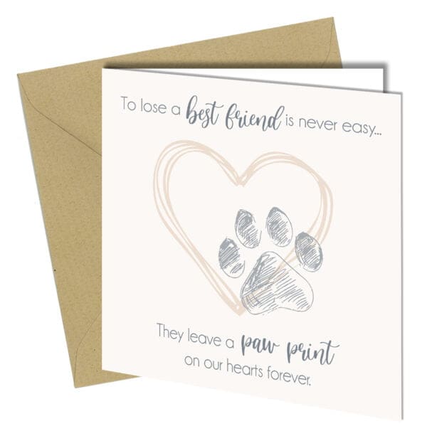 "To lose a best friend is never easy ... they leave a paw print on our hearts forever" All our cards are printed on white quality 350gm card. Every card will be sent with a quality 120gm blank envelope Size Folded Size = 150 x 150 (6 x 6 inch)