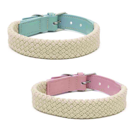 FLAT ROPE PUPPY COLLAR LEATHER LIGHT BLUE AND PINK